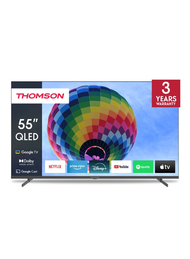 Thomson تلفاز ثومسون الذكي QLED مقاس 55 بوصة – موديل 2025 مع دقة دولبي فيجن وأطلس، تحكم صوتي ذكي، مساعد جوجل، تطبيقات يوتيوب ونتفليكس، شاشة QLED بدون إطار، تصميم أرجل جانبية، تلفاز ذكي - Image 1
