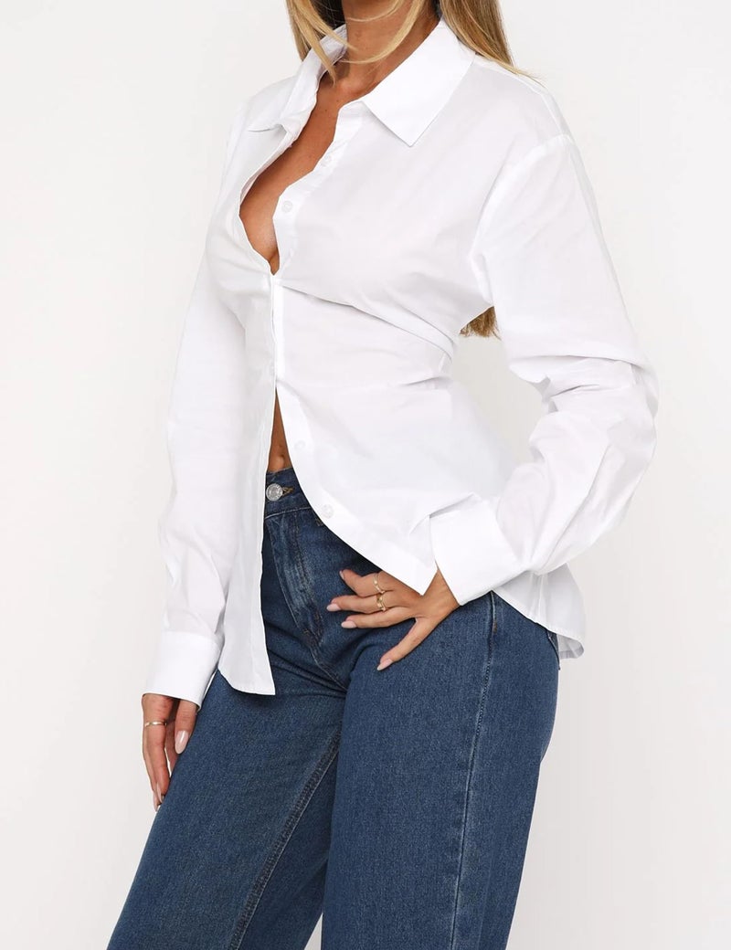 MISSACTIVER Women's Lapel Collar Button Down Shirt Cinch Waist Long Sleeve Casual Work Dressy Tunics Blouse Corset Tops White - Image 4