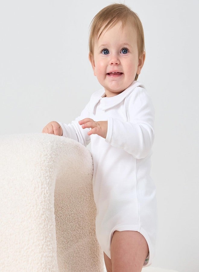 pureborn Baby Boy Girl Long Sleeve Cotton Bodysuit Spring Fall Peter Pan Collar Romper Solid White 18-24 Months - Image 3