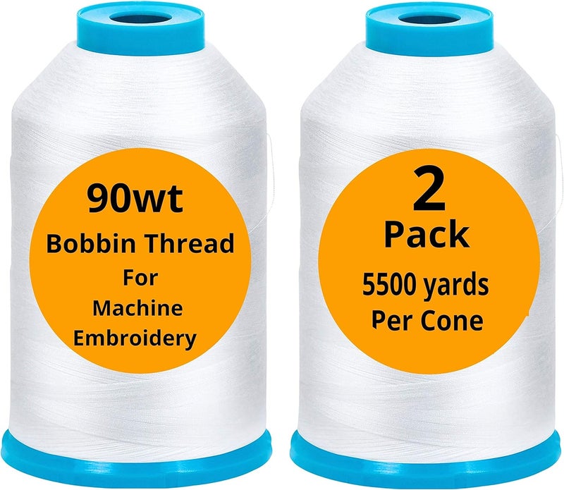 ThreadNanny 2-Pack Premium 90 WT Machine Embroidery Bobbin Thread White - Set of 2 X-Large Huge Polyester Cones 5500 Yards Each Spool Lint Free White Thread - Compatible with All Embroidery and Sewing Machines - Image 1
