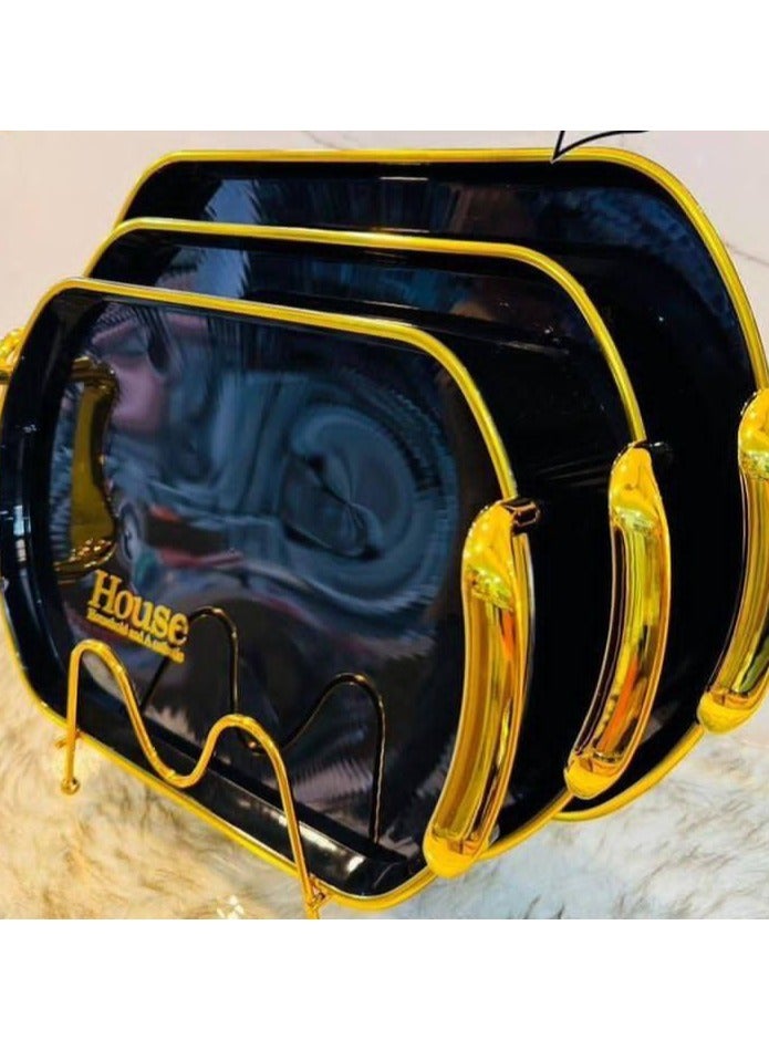 طقم صواني 3 قطع  مربع الشكل مزود بحامل دهبي  للتقديم الانيق ضد الكسر وسهل التنظيق ومقبض دهبي اللون اسود - Image 1