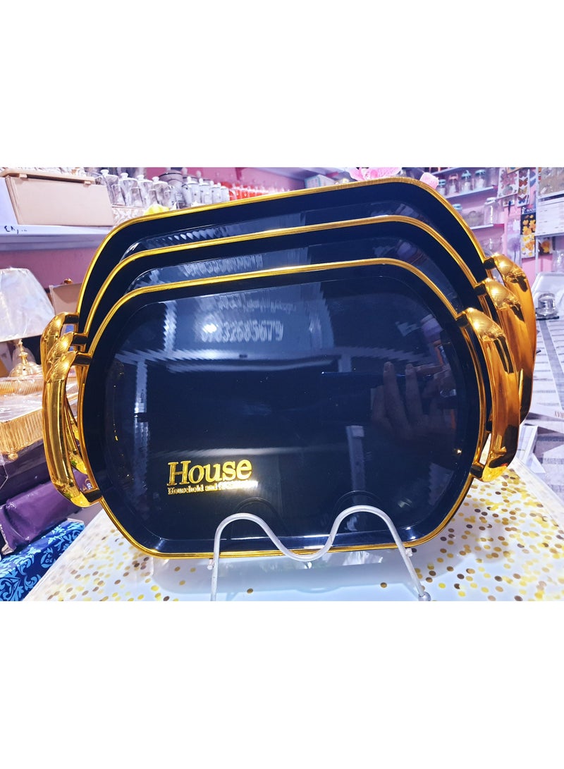 طقم صواني 3 قطع  مربع الشكل مزود بحامل دهبي  للتقديم الانيق ضد الكسر وسهل التنظيق ومقبض دهبي اللون اسود - Image 2