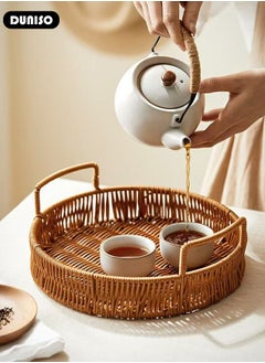 DUNISO 3 PCS Rattan Serving Tray with Handles, Woven Wicker Tray, Round Rattan Basket, Coffee Table Home Decorative Organizer Tray for Drinks Snack Breakfast Dinner Parties Home Kitchen  - Image 3