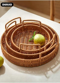 DUNISO 3 PCS Rattan Serving Tray with Handles, Woven Wicker Tray, Round Rattan Basket, Coffee Table Home Decorative Organizer Tray for Drinks Snack Breakfast Dinner Parties Home Kitchen  - Image 5