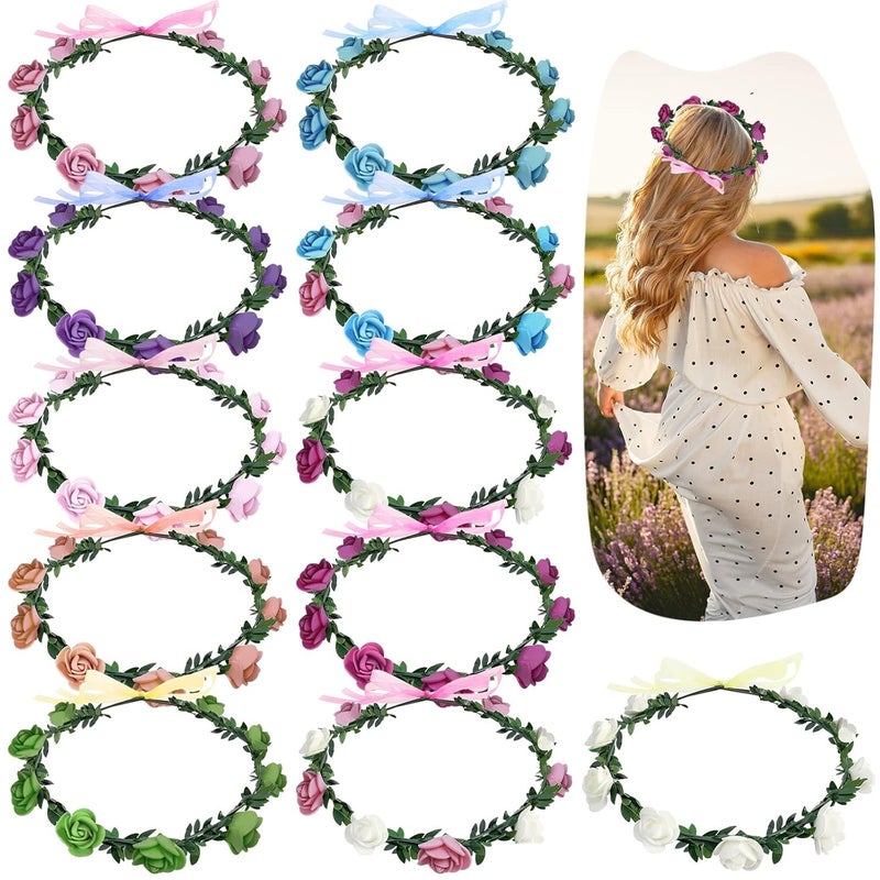 AmFor 22 Pcs Multicolor Rose Flower Wreath Crown Headband Garland Headpiece for Music Festival Celebration Beach Wedding Party