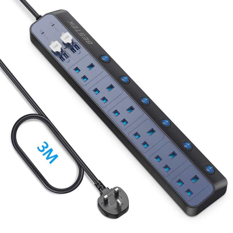BESTEK 3م واقي من زيادة التيار مع وصلة كهربائية، 6 مآخذ مع مفتاح فردي ومقبس مع 4 منافذ USB (أسود) - Image 1
