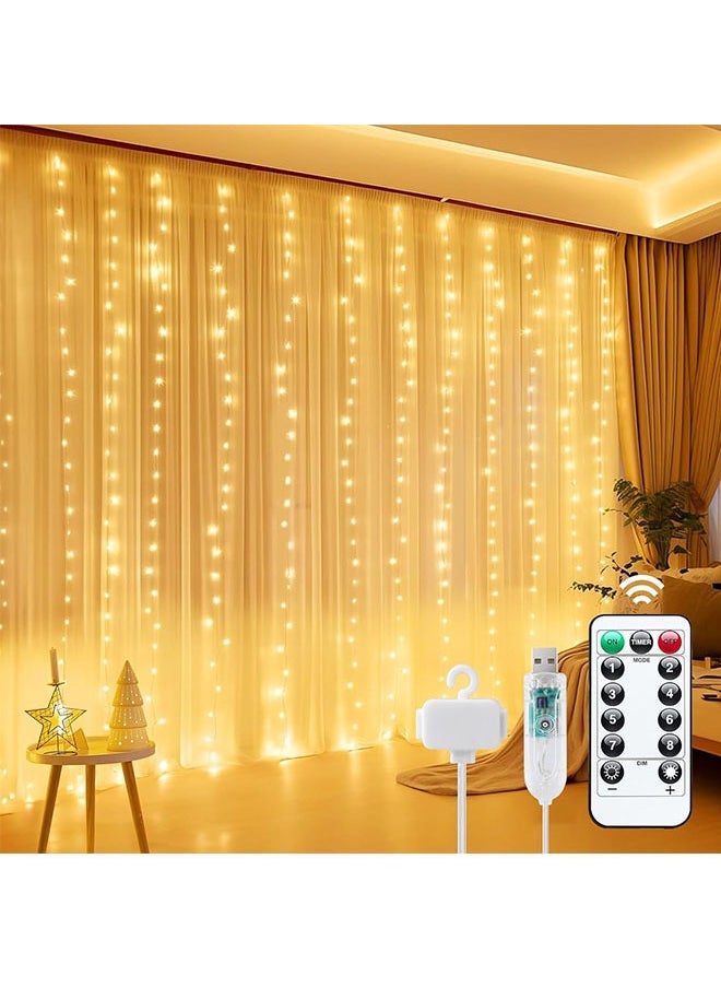 Curtain Lights,  300 LED Dimmable Fairy Lights with Remote and Timer, Remote Control 8 Lighting Modes 3x3m USB Plug String Light Wedding Patio Garden Christmas Wall Decorations Home Garden Bedroom Outdoor Indoor, Warm White  - Image 1