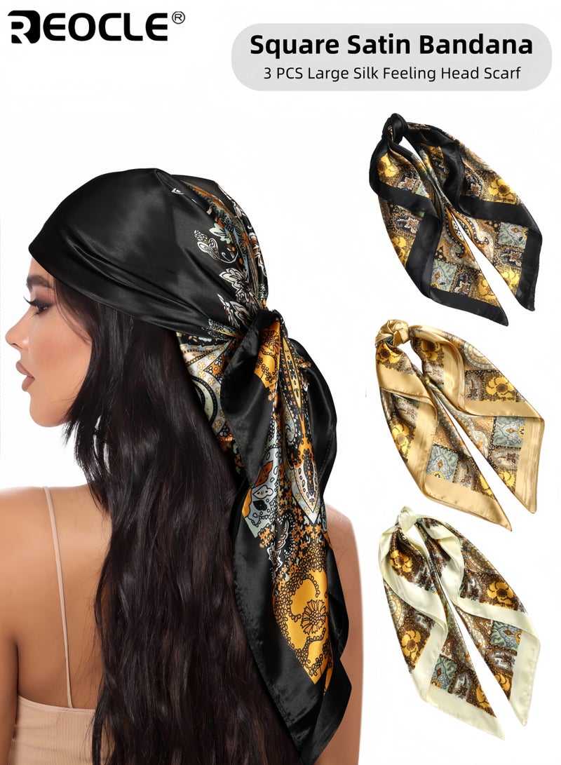 ريوكل 3 قطع من الأوشحة الساتان مع تصميم مربع كبير وملمسFeels like الحرير، أشرطة شعر بتصميم متعدد الاستخدامات كإكسسوار للموضة - Image 1