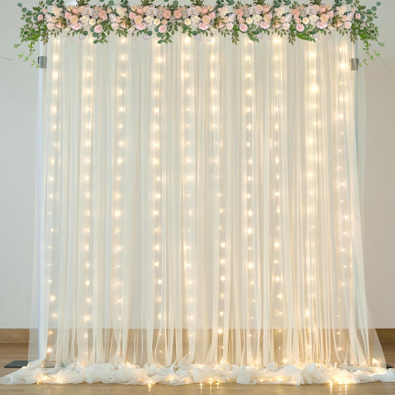 Suppromo Ivory Sheer Backdrop Curtains with Lights String for Parites Wedding 10Ã—8ft Tulle Backdrop Curtains for Baby Shower Birthday Party Photo Shoot Background Decorations - Image 1