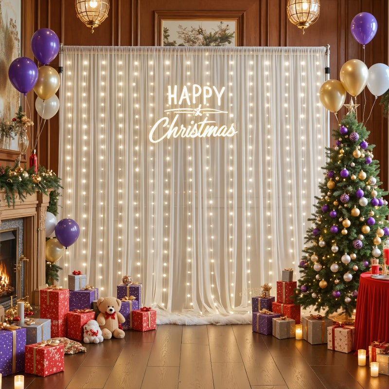 Suppromo Ivory Sheer Backdrop Curtains with Lights String for Parites Wedding 10Ã—8ft Tulle Backdrop Curtains for Baby Shower Birthday Party Photo Shoot Background Decorations - Image 5