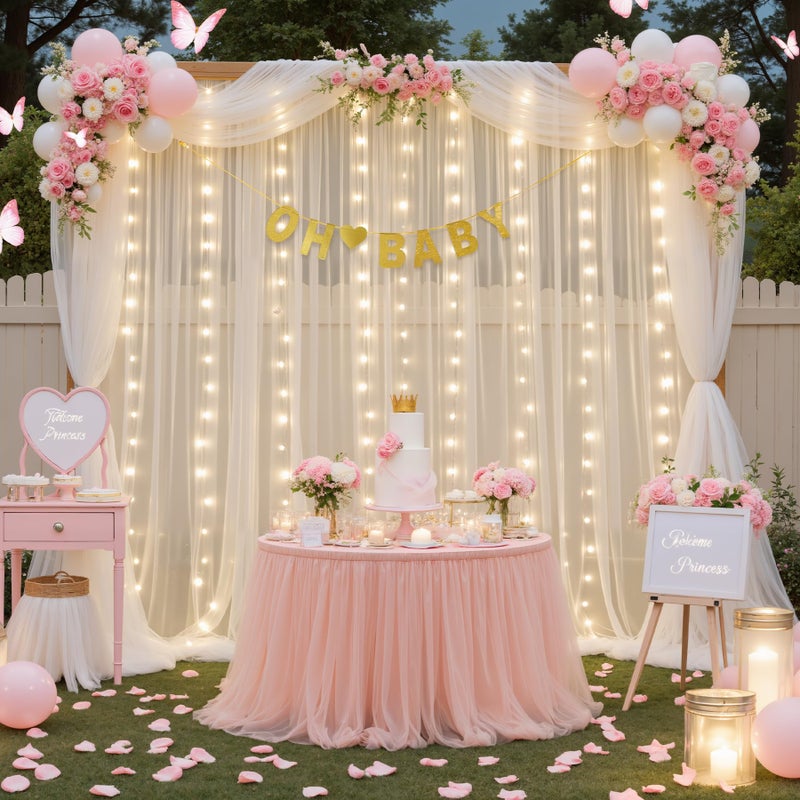 Suppromo Ivory Sheer Backdrop Curtains with Lights String for Parites Wedding 10Ã—8ft Tulle Backdrop Curtains for Baby Shower Birthday Party Photo Shoot Background Decorations - Image 3