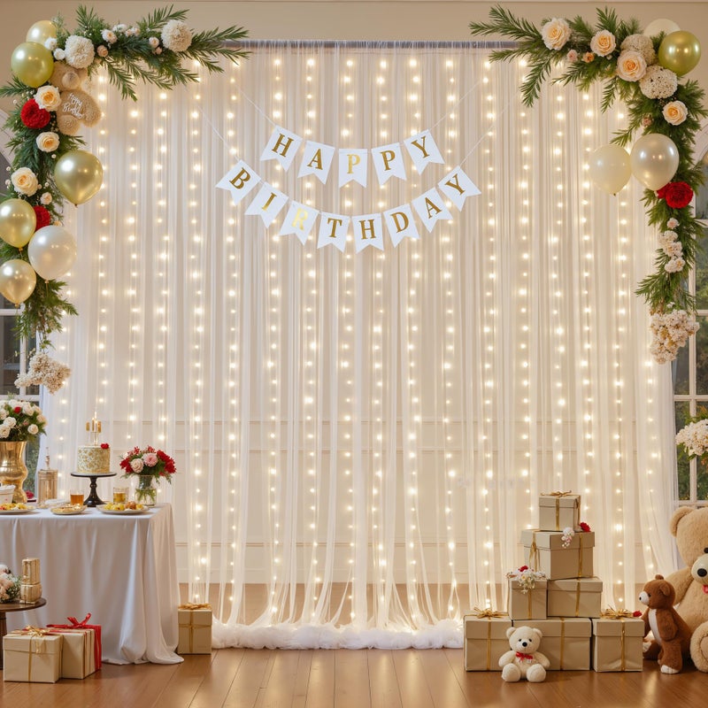 Suppromo Ivory Sheer Backdrop Curtains with Lights String for Parites Wedding 10Ã—8ft Tulle Backdrop Curtains for Baby Shower Birthday Party Photo Shoot Background Decorations - Image 2