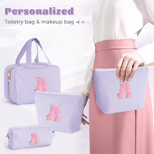 Fystdtote Initial Toiletry Bag Travel Makeup Bag | Teen Girl Gifts Trendy Stuff | Gifts for 3 4 5 6 7 8 9 10 11 12 13 Year Old Girls | Christmas Gifts for Teen Girls Stocking Stuffers - Lavender A - Image 4