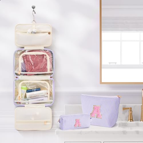 Fystdtote Initial Toiletry Bag Travel Makeup Bag | Teen Girl Gifts Trendy Stuff | Gifts for 3 4 5 6 7 8 9 10 11 12 13 Year Old Girls | Christmas Gifts for Teen Girls Stocking Stuffers - Lavender A - Image 5