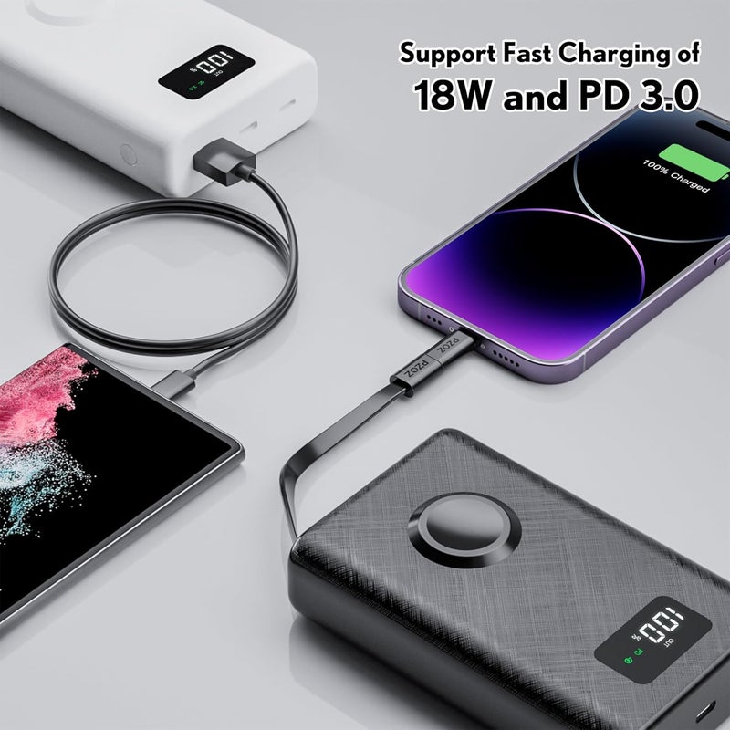 Pzoz Power Bank 20000mAh with Apple Watch Charger, 22.5W Fast Charging Portable Charger Built in USB C Cable/Lightning Adapter, Battery Pack for iPhone 17 16 and More Support PD QC 3.0 (black) - Image 4