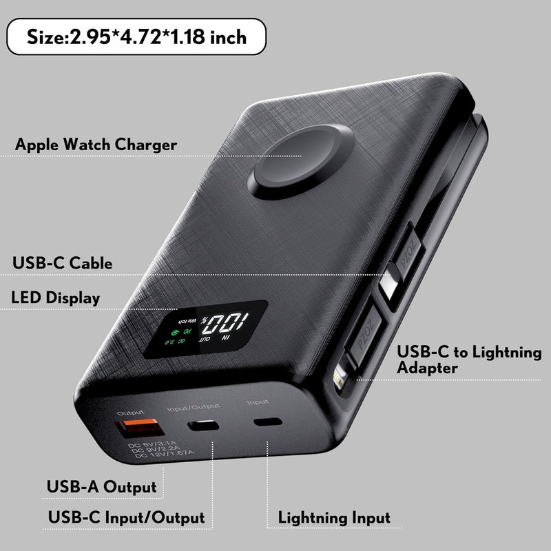 Pzoz Power Bank 20000mAh with Apple Watch Charger, 22.5W Fast Charging Portable Charger Built in USB C Cable/Lightning Adapter, Battery Pack for iPhone 17 16 and More Support PD QC 3.0 (black) - Image 2