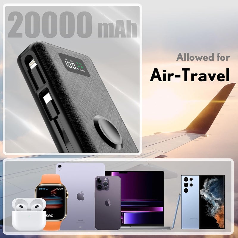 Pzoz Power Bank 20000mAh with Apple Watch Charger, 22.5W Fast Charging Portable Charger Built in USB C Cable/Lightning Adapter, Battery Pack for iPhone 17 16 and More Support PD QC 3.0 (black) - Image 3