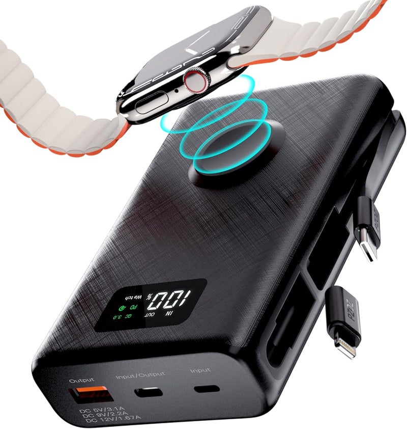 Pzoz Power Bank 20000mAh with Apple Watch Charger, 22.5W Fast Charging Portable Charger Built in USB C Cable/Lightning Adapter, Battery Pack for iPhone 17 16 and More Support PD QC 3.0 (black) - Image 1