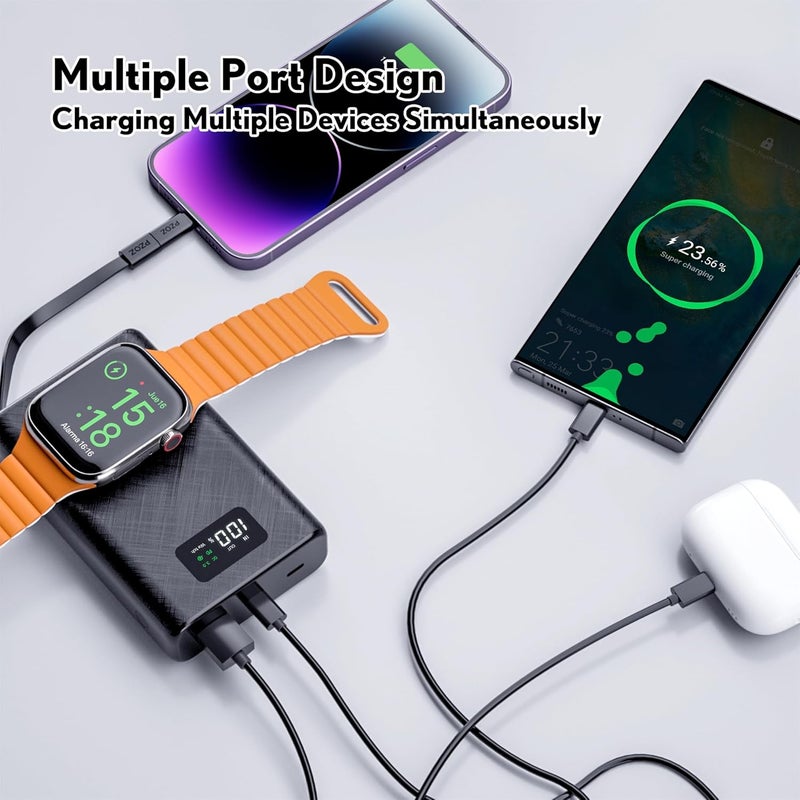 Pzoz Power Bank 20000mAh with Apple Watch Charger, 22.5W Fast Charging Portable Charger Built in USB C Cable/Lightning Adapter, Battery Pack for iPhone 17 16 and More Support PD QC 3.0 (black) - Image 5