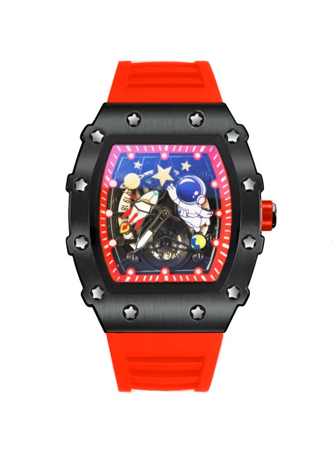 Men's Red Strap Black Case Casual Waterproof Quartz Watch, Hollow Dial with Astronaut Pattern