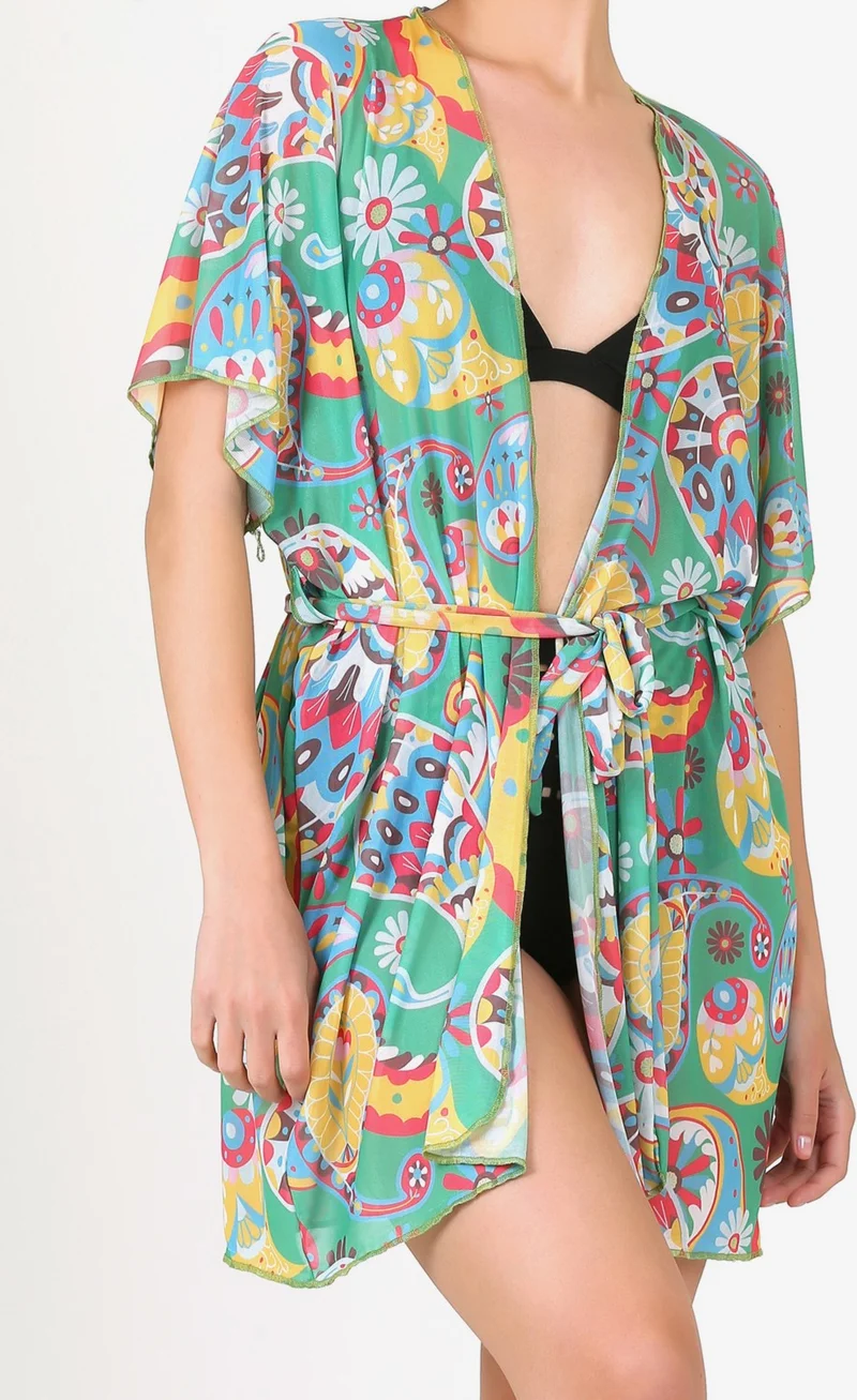 هامور Dough Pareo Beach Dress Kimono Std Shawl Pattern Green