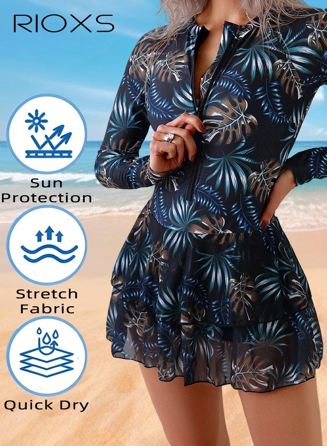 RIOXS Women's Long-Sleeve UV-Protective One-Piece Swimsuit, Round-Neck Surfing and Diving Suit with Front Zipper, Fitted Waist Printed Swimsuit with Flowing Tulle Skirt for Modesty, Perfect for Beach Vacations, Travel, Hot Springs, Swimming Pools, Surfing, and Beach Sports, Coffee - Image 5