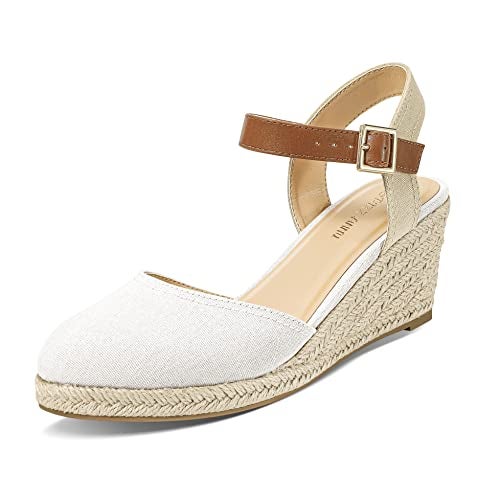 PIZZ ANNU Women's Espadrille Low Wedge Heel Sandals with Buckle Ankle Strap Close Toe Casual Dressy Summer Platform Shoes, White 6.5 - Image 1