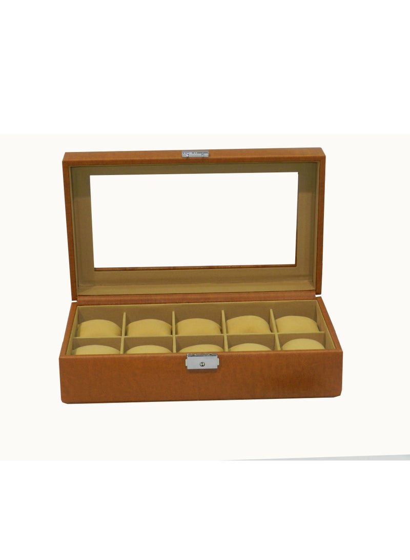 LAVERI LEATHER صندوق ساعات لافيري للرجال والنساء (10 فتحات) ، صندوق عرض ساعات من جلد PU الفاخر مع غطاء زجاجي كريستالي ، وسادة قابلة للإزالة - Image 1