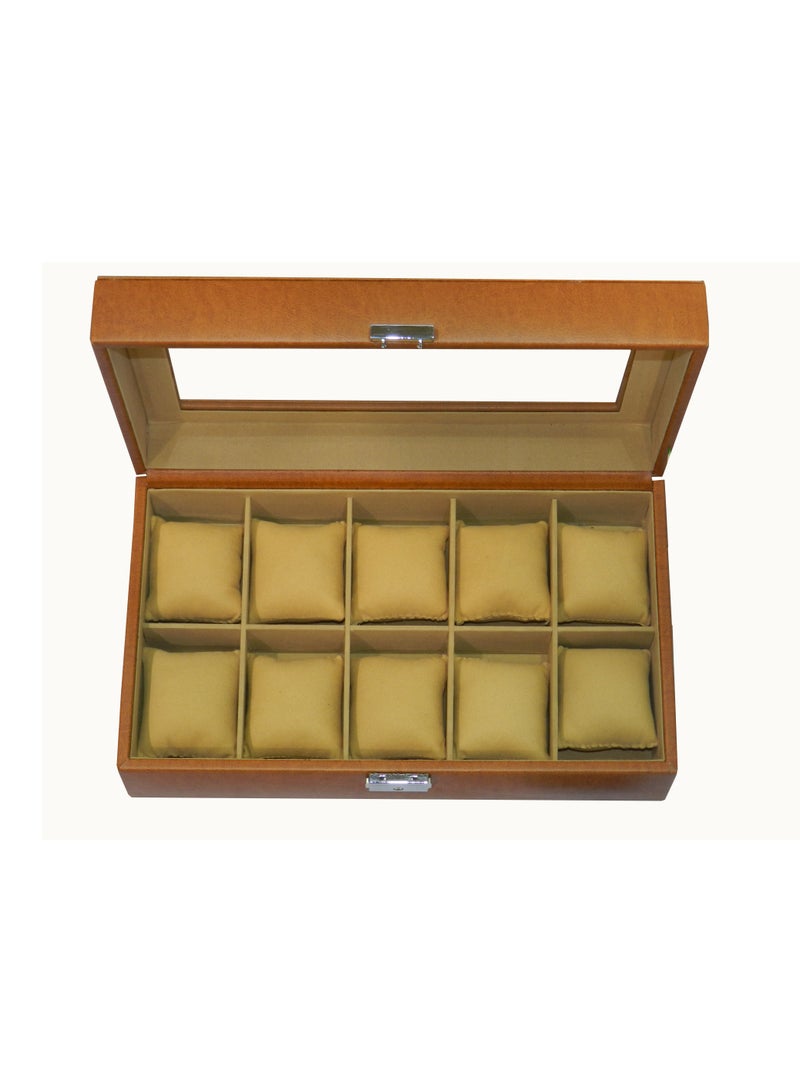 LAVERI LEATHER صندوق ساعات لافيري للرجال والنساء (10 فتحات) ، صندوق عرض ساعات من جلد PU الفاخر مع غطاء زجاجي كريستالي ، وسادة قابلة للإزالة - Image 2