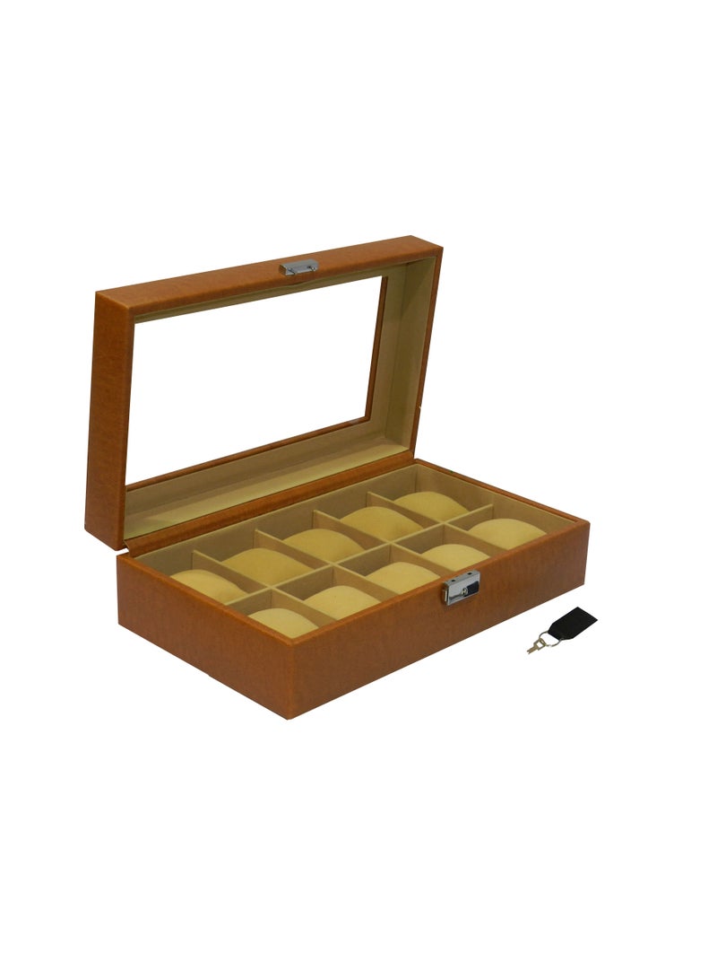 LAVERI LEATHER صندوق ساعات لافيري للرجال والنساء (10 فتحات) ، صندوق عرض ساعات من جلد PU الفاخر مع غطاء زجاجي كريستالي ، وسادة قابلة للإزالة - Image 4