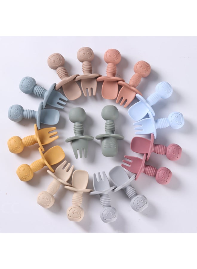 Food Grade Children's Wooden Handle Silicone Spoon Fork Tableware Baby Training Complementary Food Spoon Baby Feeding Spoon Fork-Specifications:Default-Color:Beige (full Silicone + Short Spoon + Short Fork) - Image 2