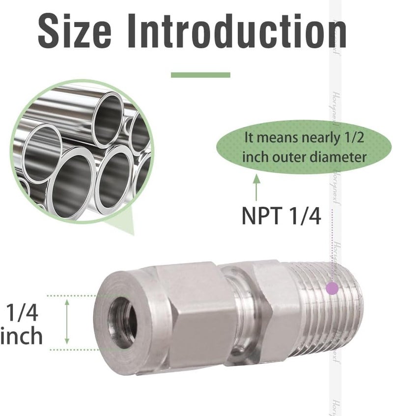 Horiznext Stainless Steel 304 Compression Fitting to connect 1/4 inch OD tube x 1/4 NPT Male thread Coupler, for brass copper stainless steel tubing (2 pcs) - Image 2