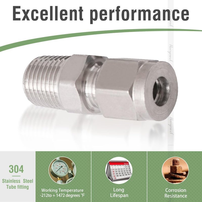 Horiznext Stainless Steel 304 Compression Fitting to connect 1/4 inch OD tube x 1/4 NPT Male thread Coupler, for brass copper stainless steel tubing (2 pcs) - Image 3