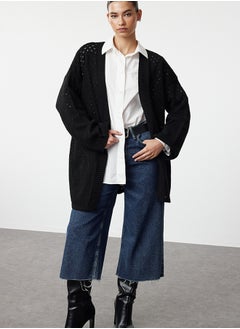 trendyol Black Oversize Midi Openwork/Hole Knitted Cardigan TWOAW24HI00331  - Image 1
