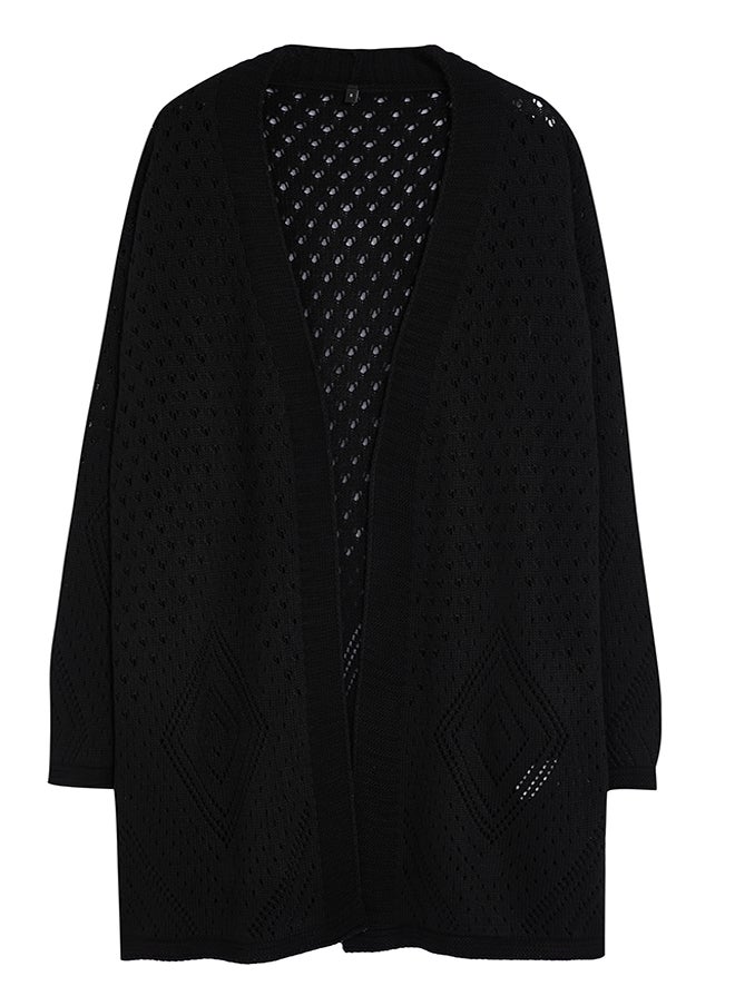 trendyol - Black Oversize Midi Openwork/Hole Knitted Cardigan TWOAW24HI00331 - Image 1