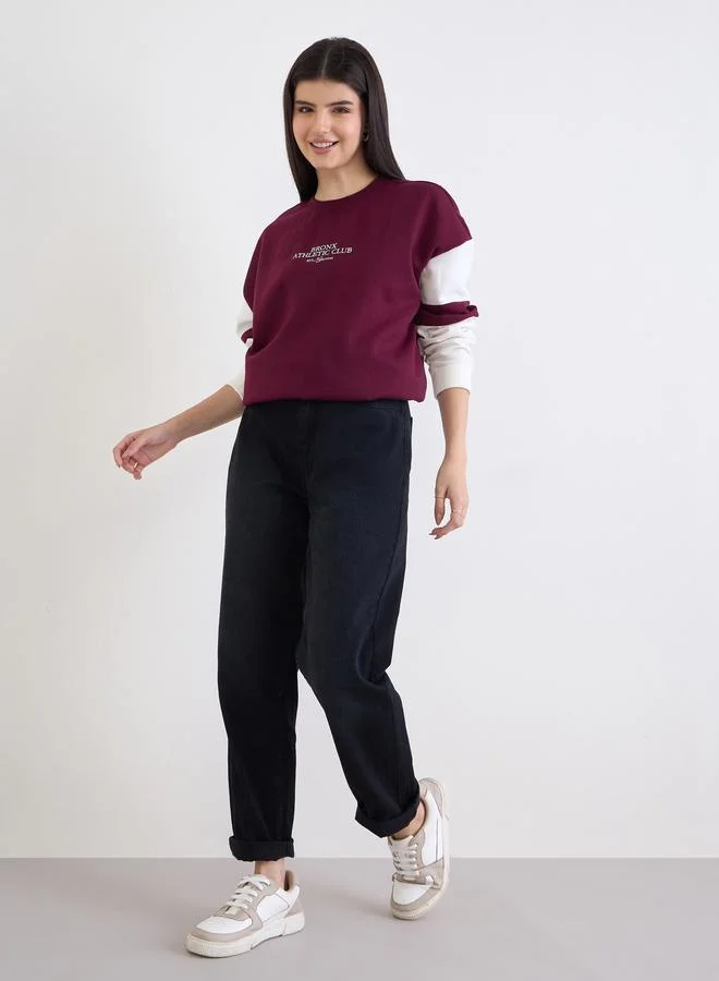 Styli Styli Burgundy Color Block Oversized Sweatshirt
