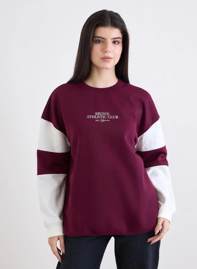 Styli Styli Burgundy Color Block Oversized Sweatshirt