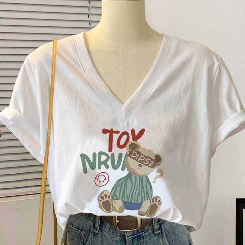 Summer 2026 Korean Style V-Neck White Short-Sleeve Women''s T-Shirt with Sweetheart Neckline, Large Size, Loose Fit, Slimming, High-End Feel Top - Image 3