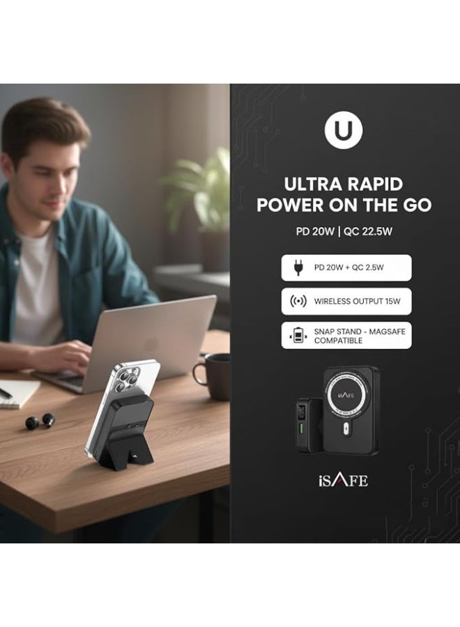 iSAFE Magnetic Stand Power Bank with Fast Charging, 10000mAh Portable Battery Pack for iPhone, Smartphones, iPhone17/17 Air/17 Pro/17 Pro Max, iPhone 16/15/14 Series(Black) - Image 3