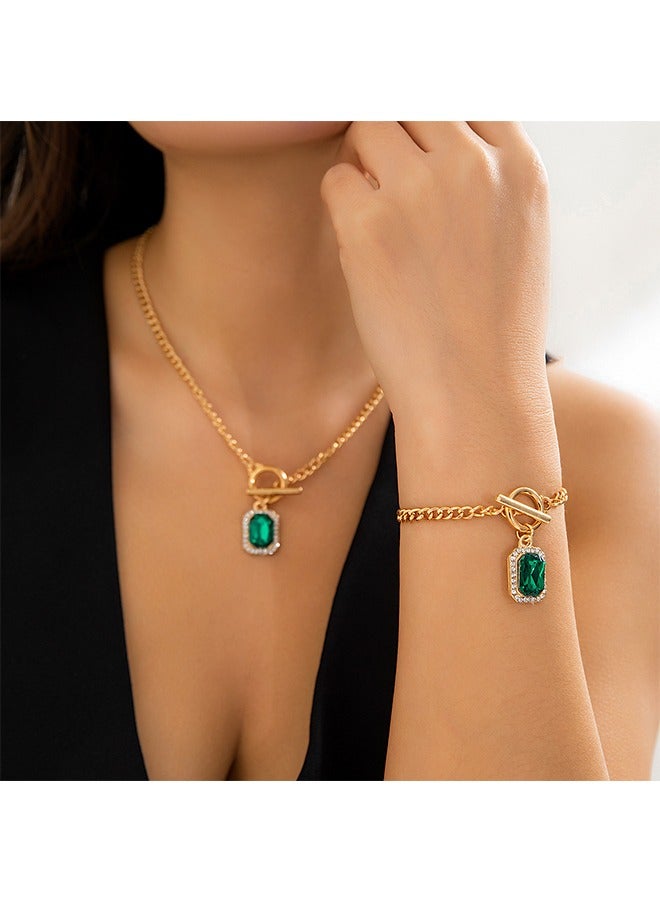 بيوند الزمرد أحجار الراين قلادة مجموعة، مكافحة الصدأ ومكافحة يتلاشى 14K الذهب قلادة وسوار، أزياء مجوهرات هدية (ذهبي) - Image 4
