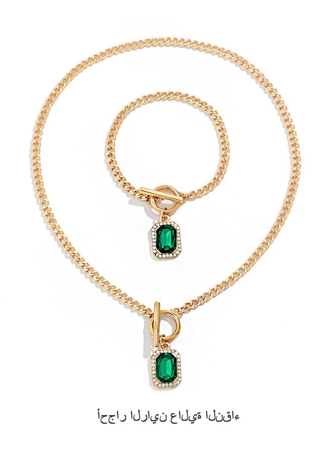 بيوند الزمرد أحجار الراين قلادة مجموعة، مكافحة الصدأ ومكافحة يتلاشى 14K الذهب قلادة وسوار، أزياء مجوهرات هدية (ذهبي) - Image 1