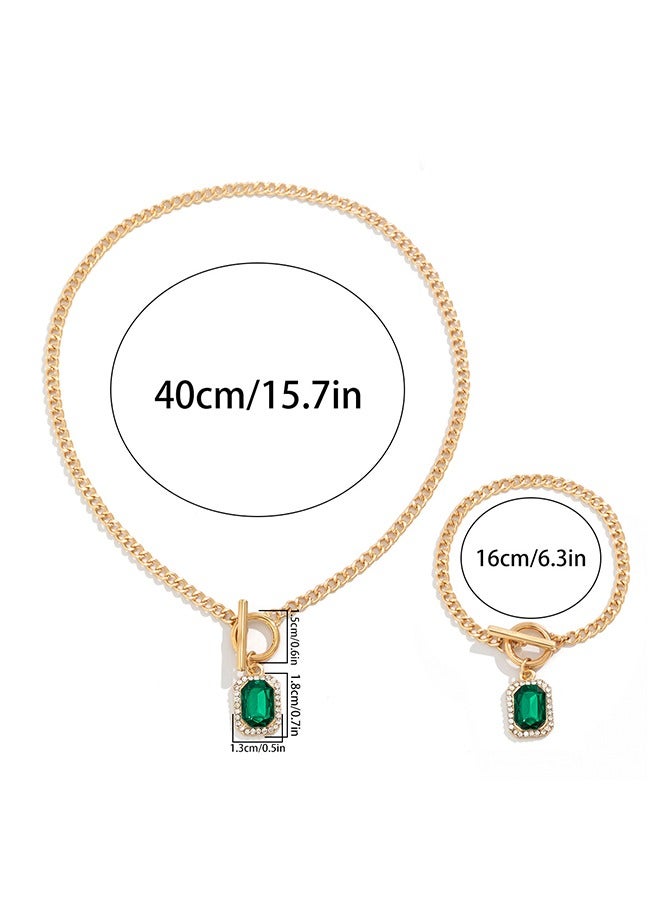 بيوند الزمرد أحجار الراين قلادة مجموعة، مكافحة الصدأ ومكافحة يتلاشى 14K الذهب قلادة وسوار، أزياء مجوهرات هدية (ذهبي) - Image 2