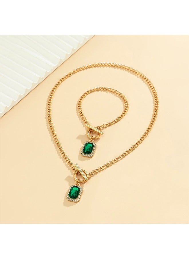 بيوند الزمرد أحجار الراين قلادة مجموعة، مكافحة الصدأ ومكافحة يتلاشى 14K الذهب قلادة وسوار، أزياء مجوهرات هدية (ذهبي) - Image 5