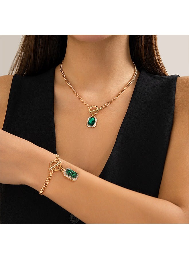 بيوند الزمرد أحجار الراين قلادة مجموعة، مكافحة الصدأ ومكافحة يتلاشى 14K الذهب قلادة وسوار، أزياء مجوهرات هدية (ذهبي) - Image 3