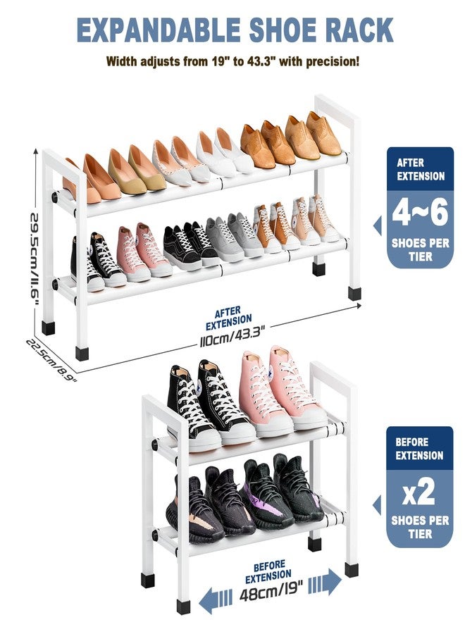 Mavivegue Expandable Shoe Rack, 2-Tier 19"-43.3" Adjustable Shoe Rack for Closet,Hall Entryway,Front Door,Garage, Sturdy Steel Space-Saving Rack, White - Image 2