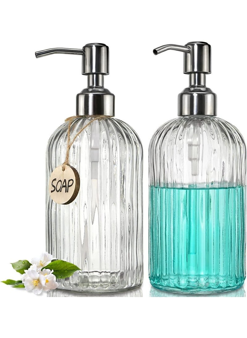 2PACK 18 Oz Glass Soap Dispenser with Rust Proof Stainless Steel Pump, Refillable Hand Vertical Stripe, Premium Bathroom for Kitchen & Bathroom. - Image 1