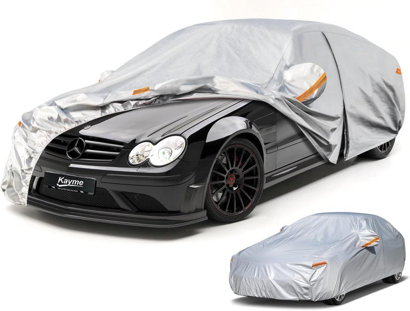 غطاء سيارة Kayme 6 طبقات مصمم خصيصًا لـ مرسيدس بنز CLK 200 280 320 350 430 500 (1997-2025) مقاوم للماء لجميع الأحوال الجوية للسيارات، غطاء كامل خارجي للحماية من المطر والشمس والأشعة فوق البنفسجية. فضي - Image 1