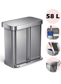 simplehuman 58 Liter / 15.3 Gallon Rectangular Hands-Free Dual Compartment Recycling Kitchen Step Trash Can with Soft-Close Lid, Brushed Stainless Steel  - Image 1