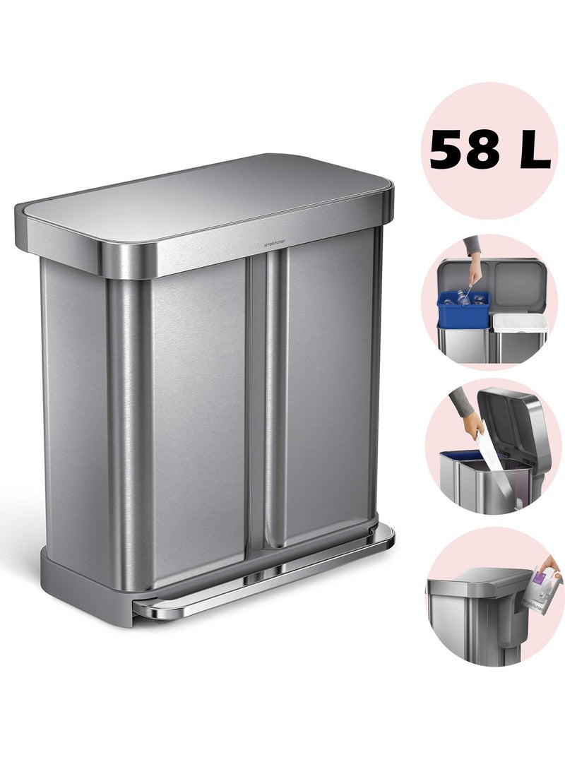 simplehuman 58 Liter / 15.3 Gallon Rectangular Hands-Free Dual Compartment Recycling Kitchen Step Trash Can with Soft-Close Lid, Brushed Stainless Steel  - Image 1