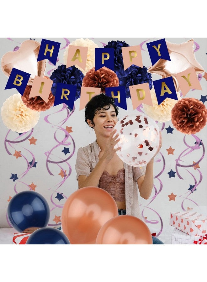 ZERODECO ZERODECO Navy Blue & Rose Gold Birthday Party Decorations - Happy Birthday Banner, Paper Pompoms, Balloons for Boys, Girls, Men & Women  - Image 4